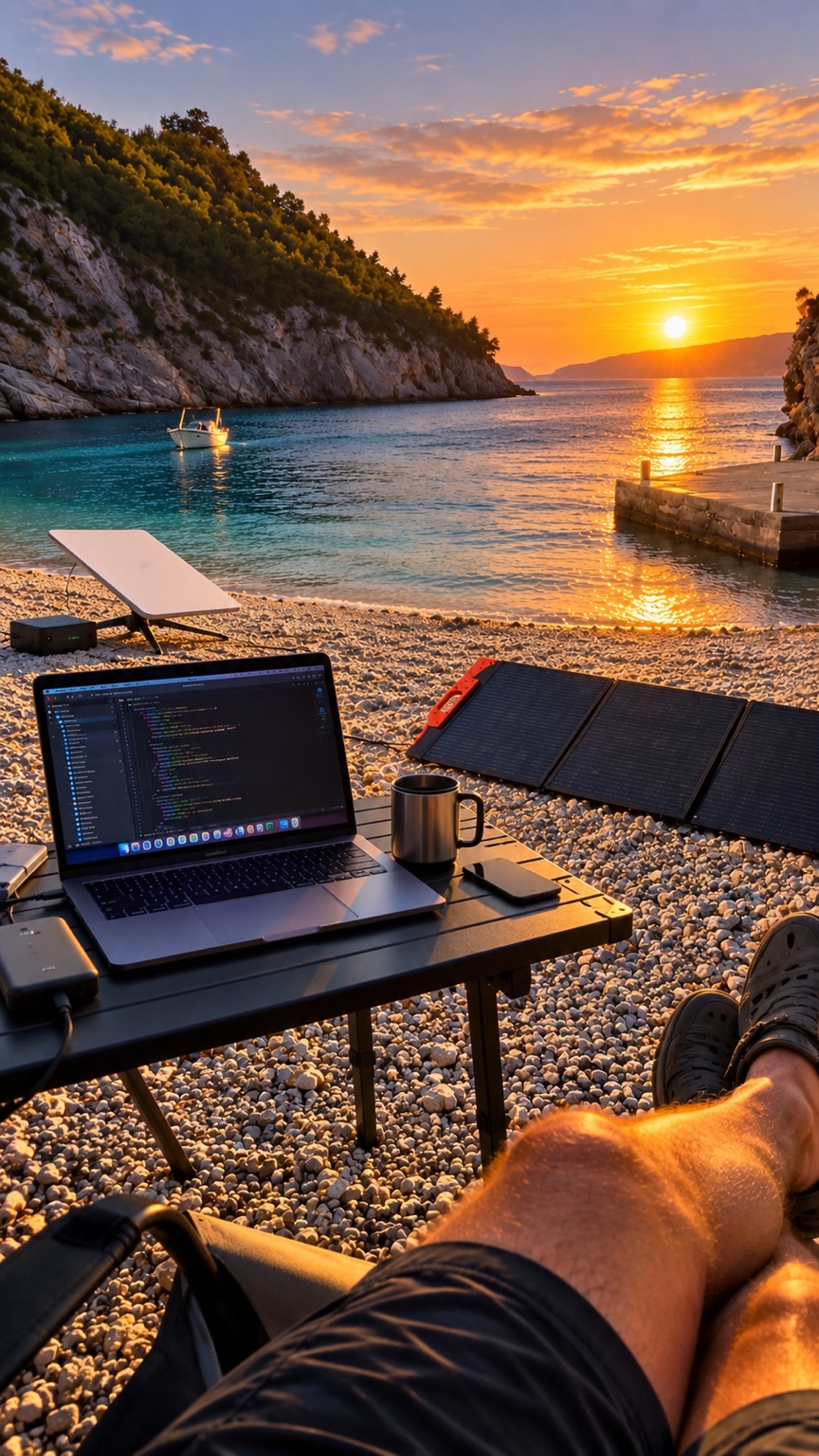 Workspace with a laptop by the sea at sunset